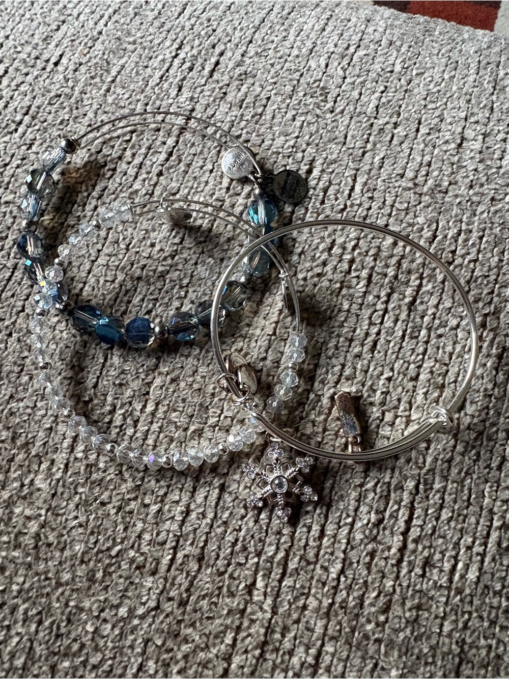 Alex and Ani Silver and Blue Bead Bracelet Set with Snowflake Charm